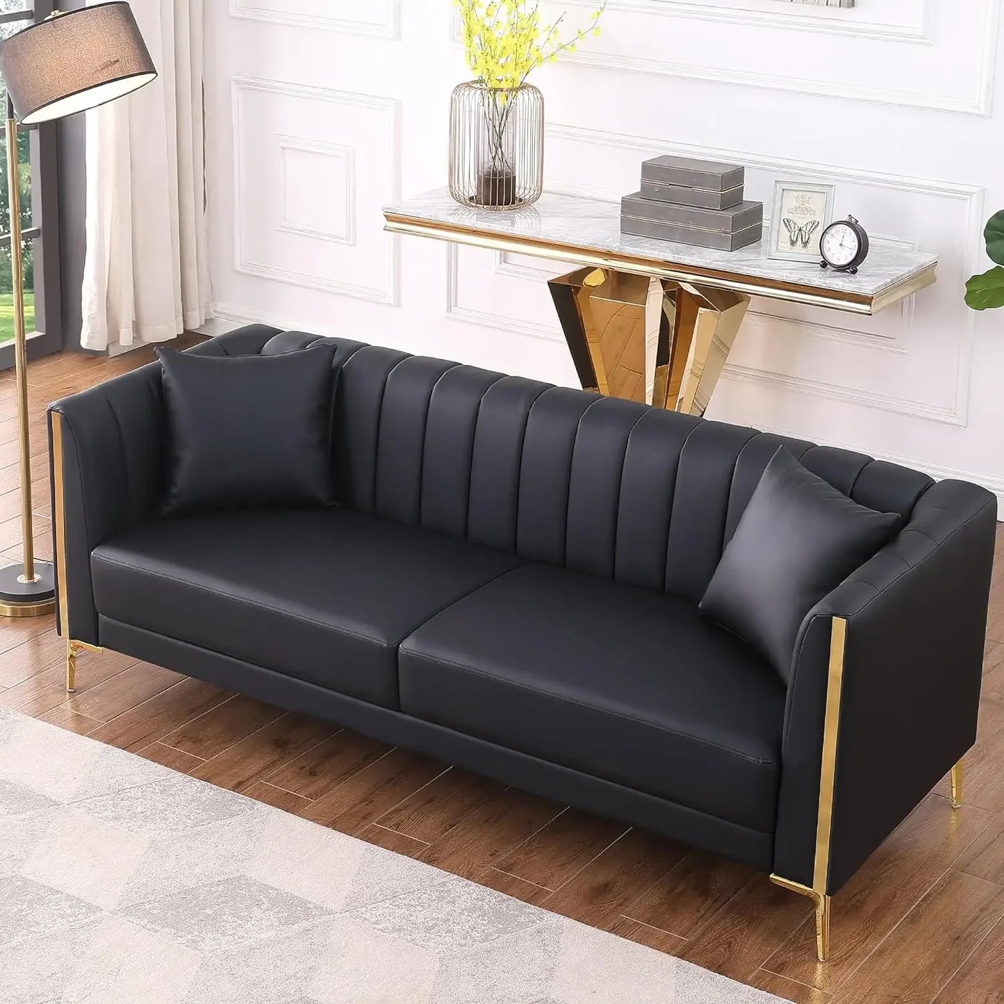 78'' Sofa, Modern White Couches for Living Room, Comfy, Faux Leather Sofa 3 Seater Sofa with 2 Throw Pillows and Gold Metal Legs