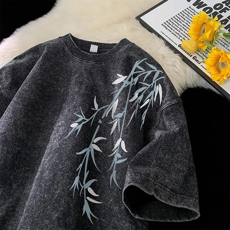 Bamboo Leaf Pattern Short Sleeve Heavy Fabric Acid Washed Men's T-shirt Men Woman Streetwear Oversized Loose Tops Summer Tees