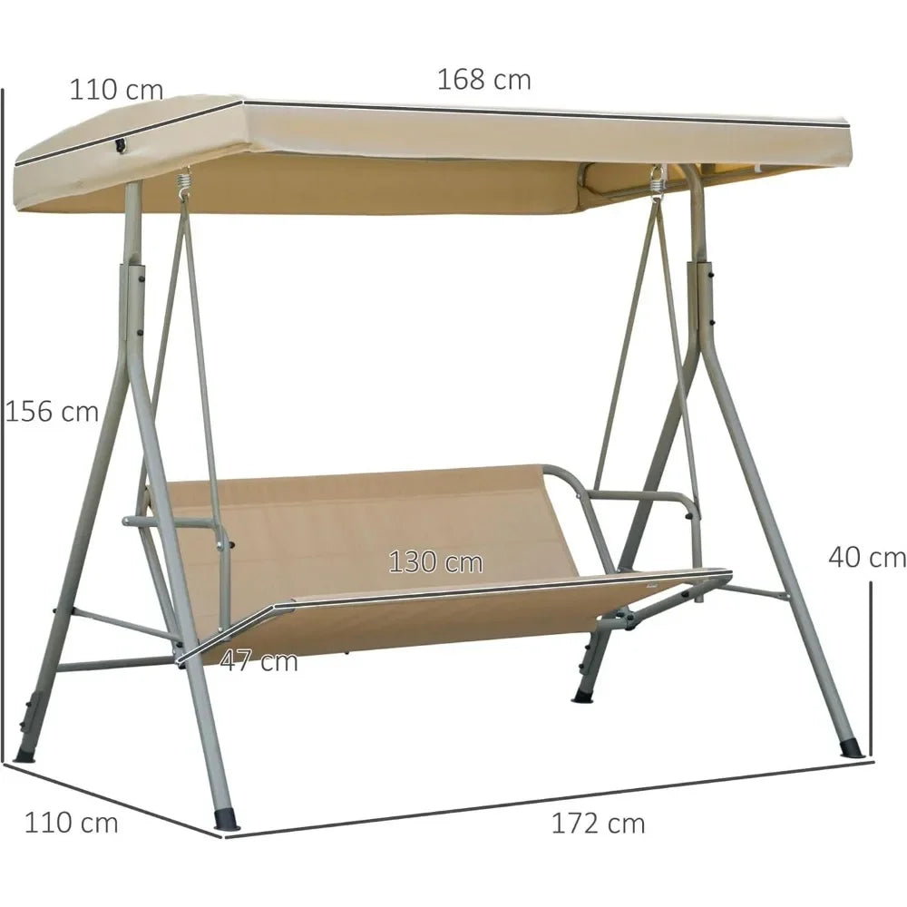 3 Seater Garden Swing Chair, with Tilting Canopy, Removable Cushion, Light Brown Top, Patio Swing Bench