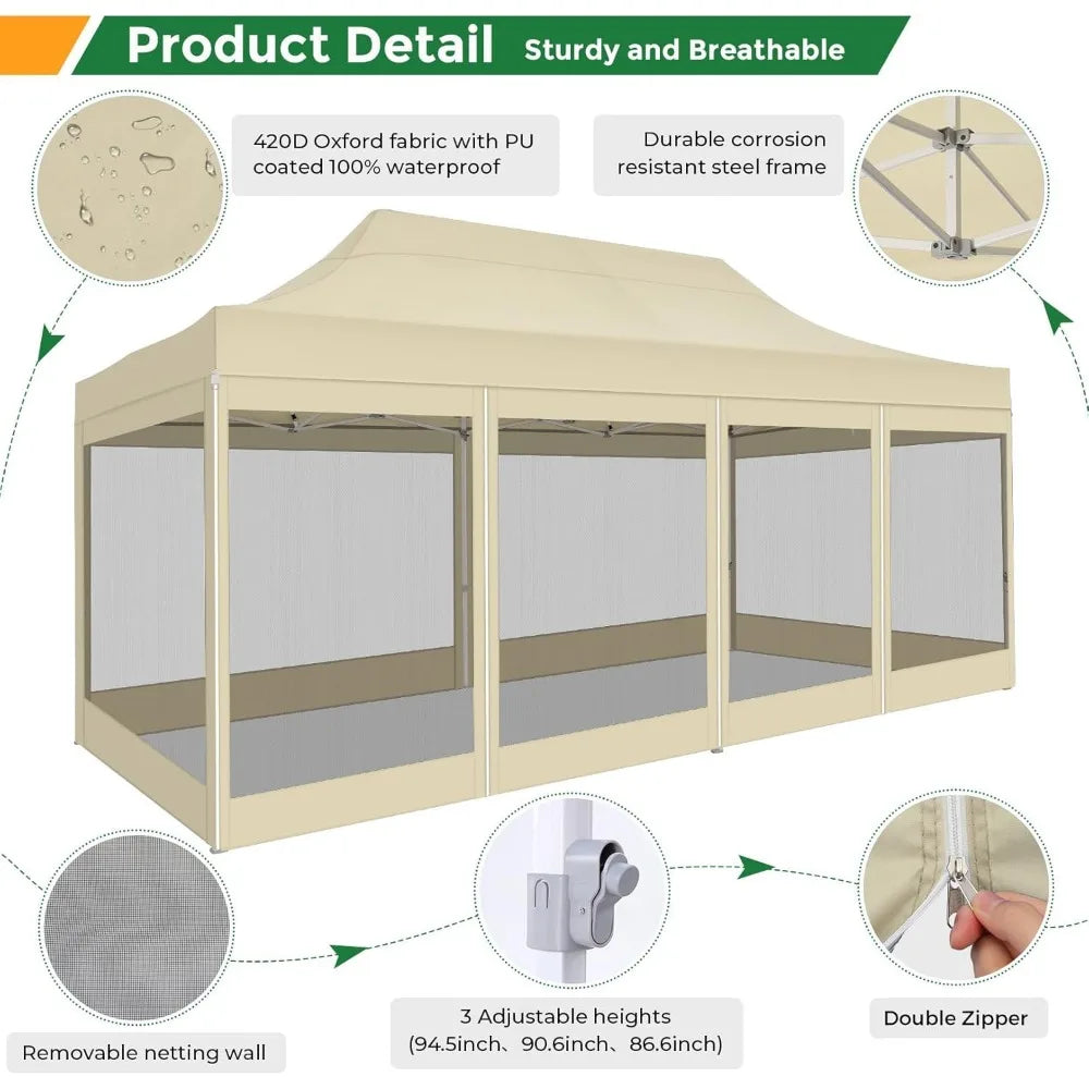 10x20 Heavy Duty Pop Up Canopy Tent with 6 Sidewalls, Commercial Gazebo Party Tent with Mosquito Netting Wall Easy Set Up Outdo