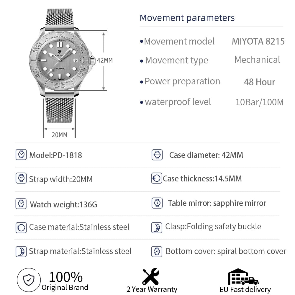 PAGANI DESIGN 2025 New PD-1818 Stainless steel Mechanical Watch Rotatable Bezel Waterproof Luminous Man watch Japan Movt reloj