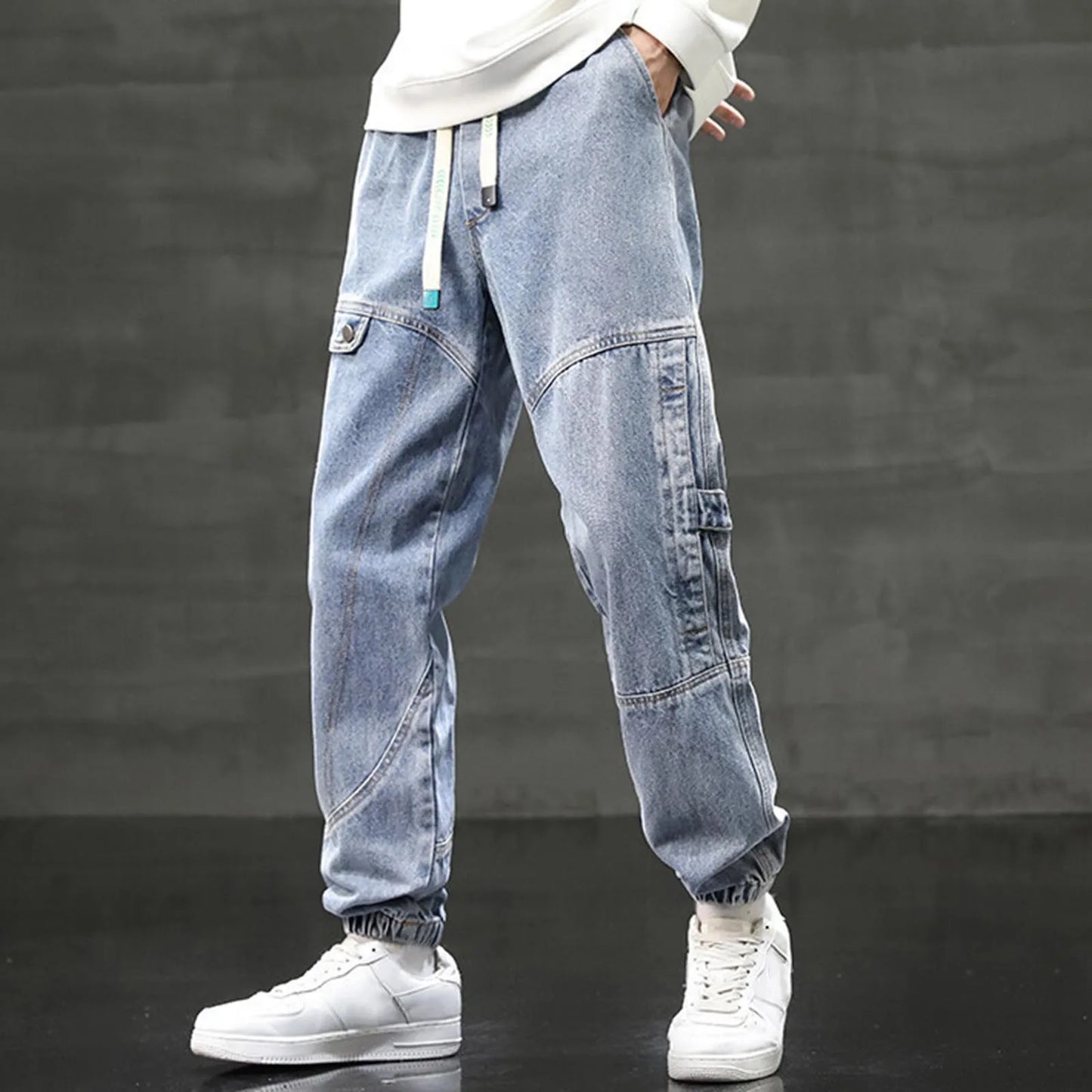 2025 Men's Cargo Jogger Jeans Hip Hop Streetwear Multiple Pockets Stretched Cotton Lace Up Casual Denim Pants Baggy Trousers