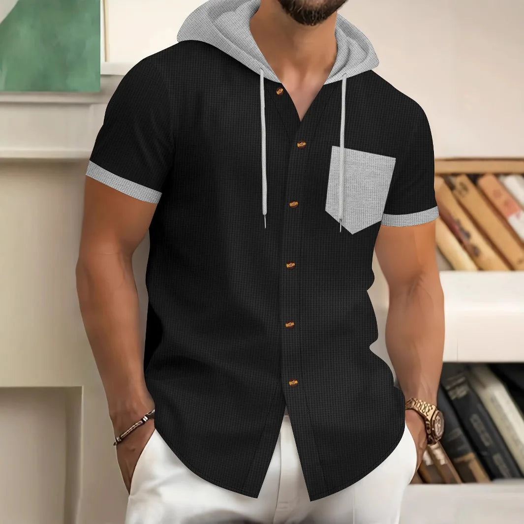 Men s Patchwork Drawstring Hooded Button Down Short Sleeve Waffle Hoodies T-Shirts Casual Tops for Summer Fashion Style
