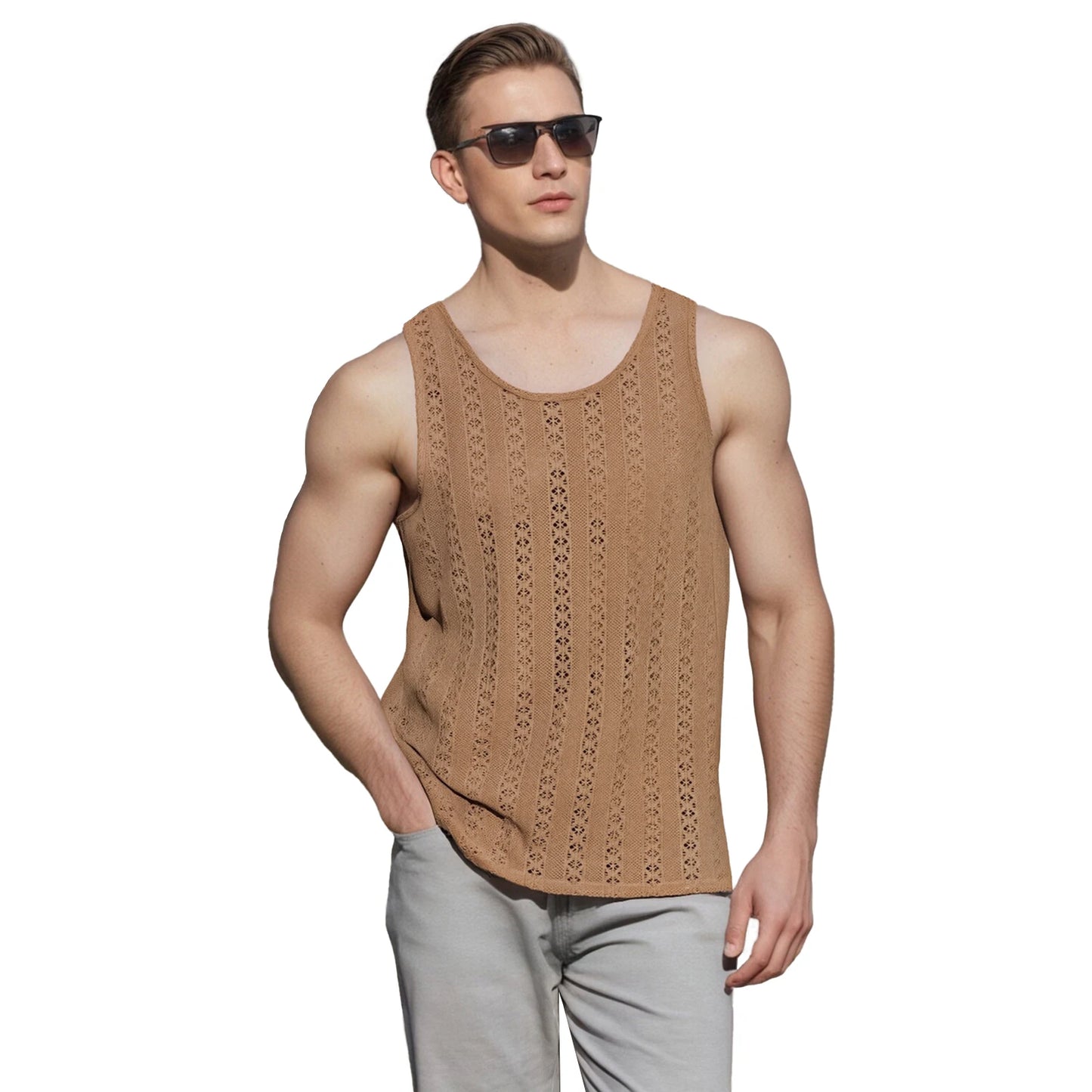 Men s Lightweight Breathable Sleeveless Tank Tops Solid Color Round Neck Casual Summer Beach Vest with Jacquard Hollow Out