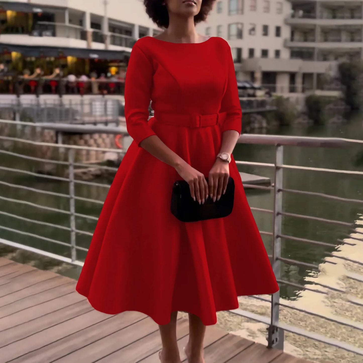 Elegant Women Party Dresses A Line with Waist Belt Three Quarter Sleeves Classy Office Ladies Wedding Guest Gowns Female Dress