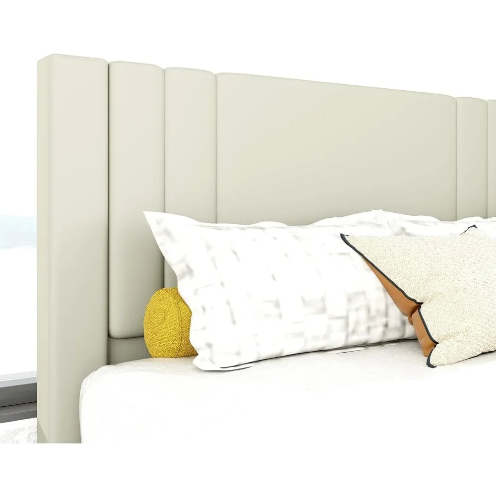 Queen Size Bed Frame, Velvet Upholstered Platform with Headboard, Beige(Beige, Queen (U.S. Standard))