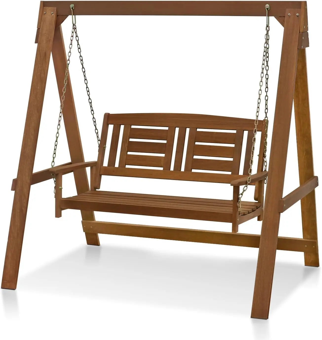 Garden Swing Chair, Hardwood Hanging Porch Swing with Stand in Teak Oil, Natural, Patio Swing Bench