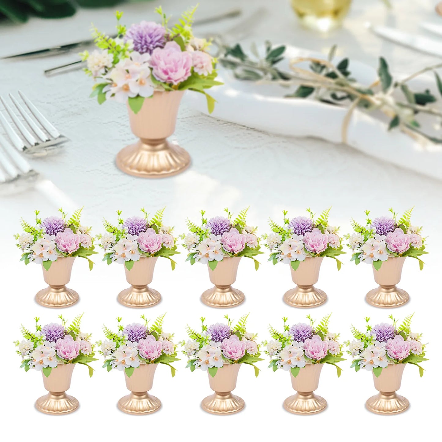 10Pcs Gold Metal Vases Wedding Party Centerpieces Retro Decorative Trumpet Vase