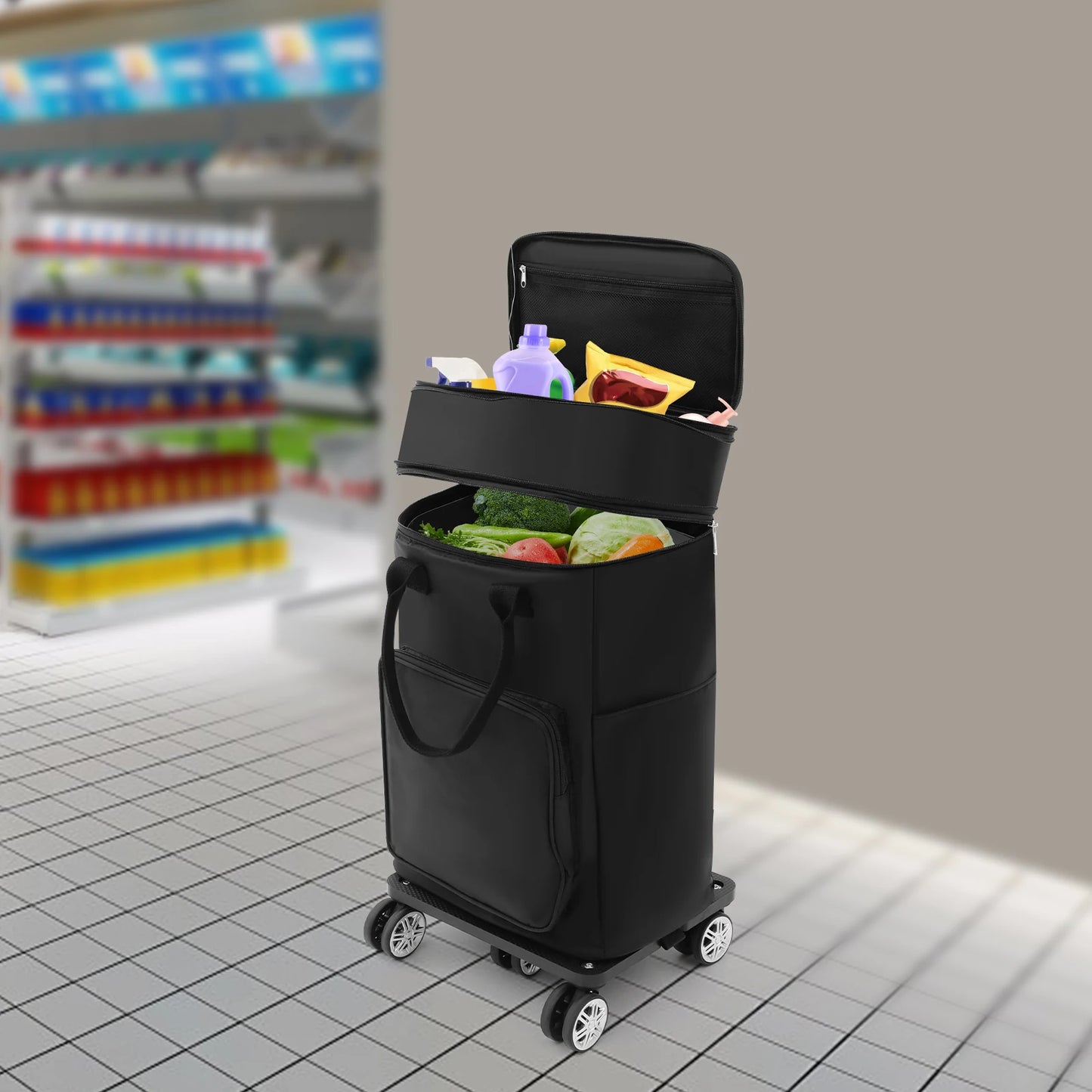 Black 2-in-1 Expandable Rolling Shopping Bag with 5 Wheels, Foldable Trolley Luggage Cart for Travel, Grocery, Business Use