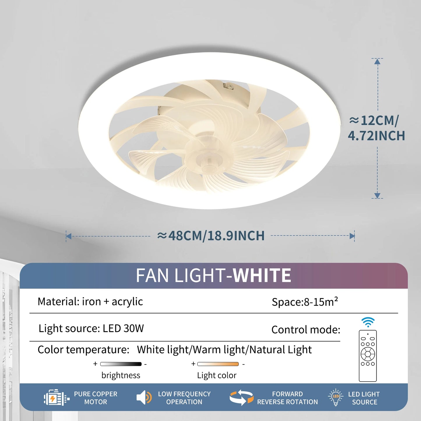 20"49cm Ceiling Fan Led Light 360° Degree Rotating Electric Circulite Sealing Fan 3CCT RC Lighing Modern Flush Mount For Bedroom