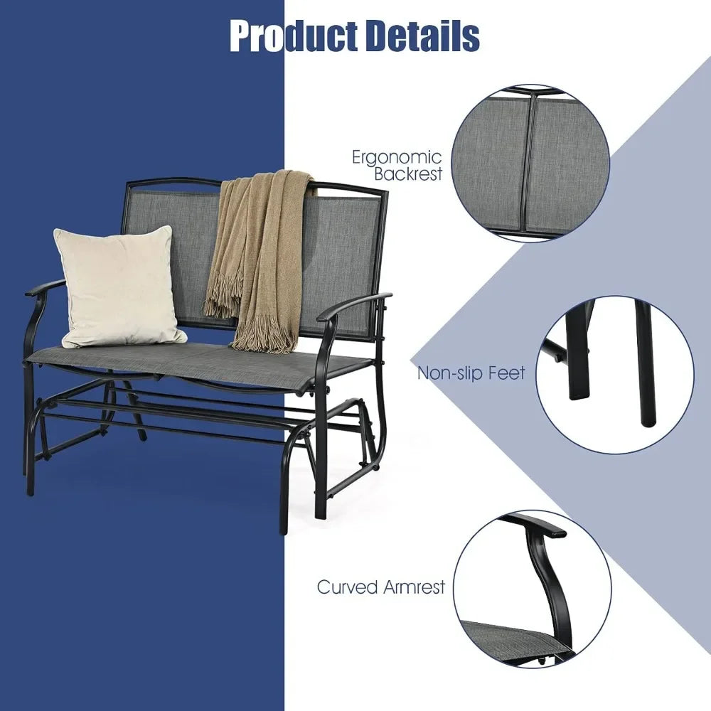 2-Person Outdoor Glider Bench, Steel Frame Fabric Garden Relax Rocking Chair for Balcony, Porch, Backyard and Poolside