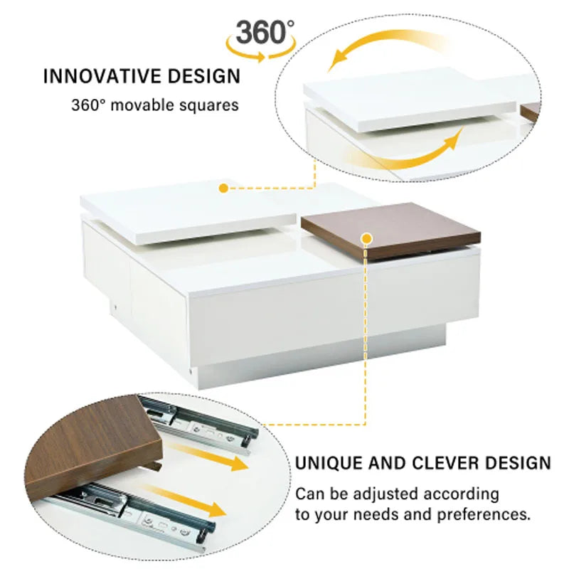 Movable Top Coffee Table, Modern Square Wood Coffee Table with High Gloss finish, 4 Hidden Storage Drawers for Living Room