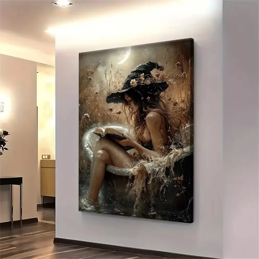 "Witch in Bathtub Canvas Mural: Dark Academia Witchy Decor – Perfect for Bathrooms | Ideal Halloween Gift"
