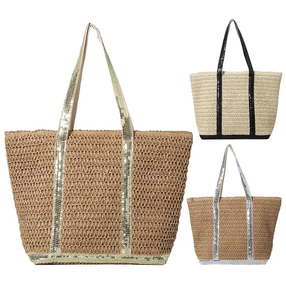 Women Straw Tote Handbag Large Capacity Sequins Simple Shoulder Bag Contrast Color Minimalist Tote Bag Ladies Summer Daily Bag