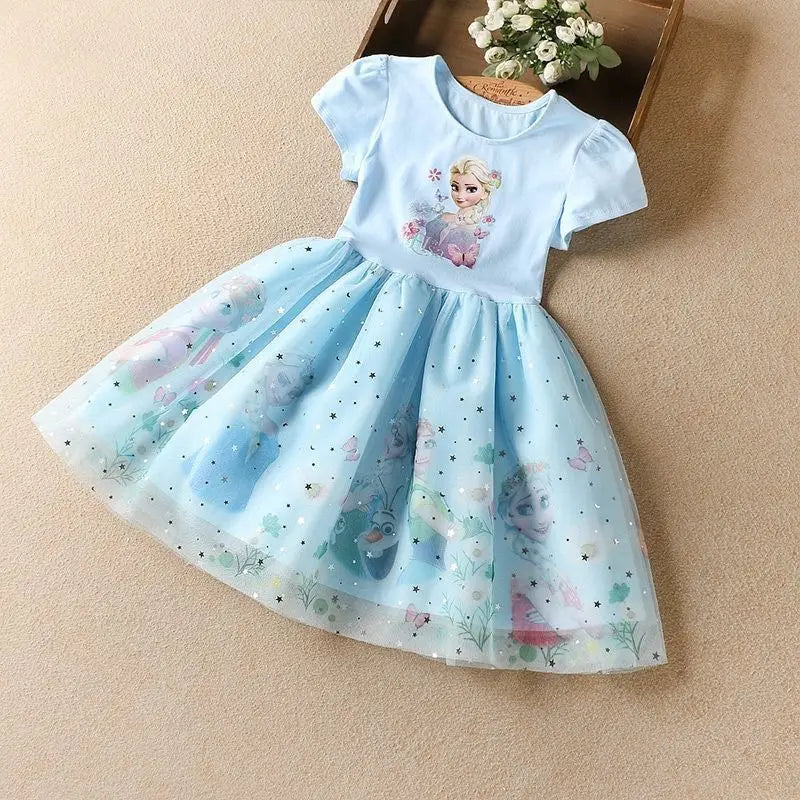 2025 New Disney Summer Kids Dress Clothes Pretty Girls Dresses Frozen Elsa Anna Princess Party Costume For Children Clothing