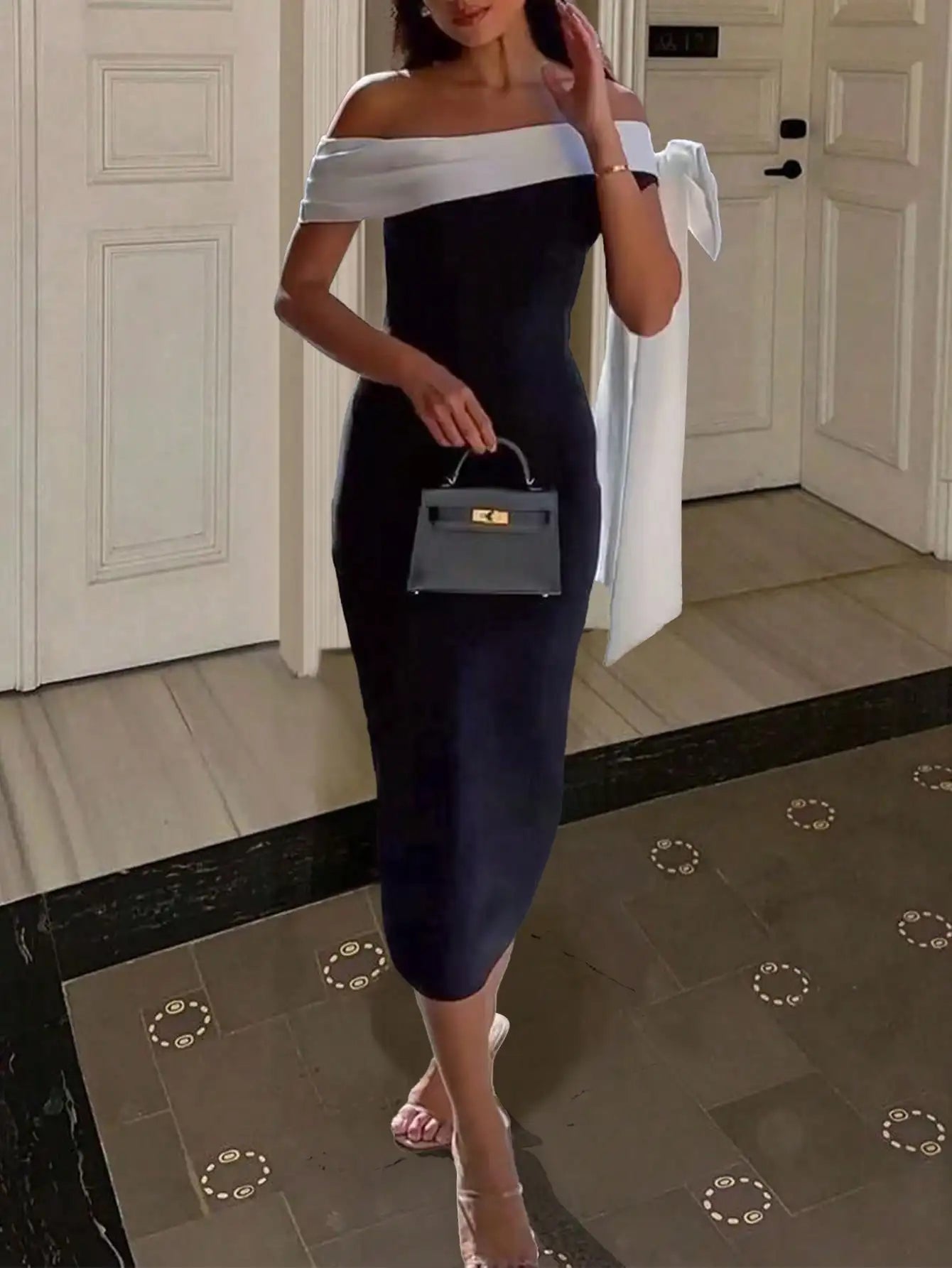 Summer Bandage Long Dress Women's Elegant One Shoulder Bow Tie Slim Evening Dress Sexy Patchwork Party Dress