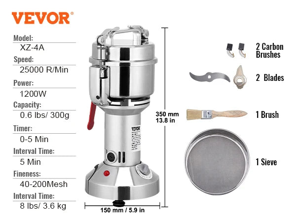 VEVOR 150-2500g Electric Grain Mill Grinder Commercial Swing Spice Grinders for Dry Herbs Grains Spices Cereals Coffee Corn