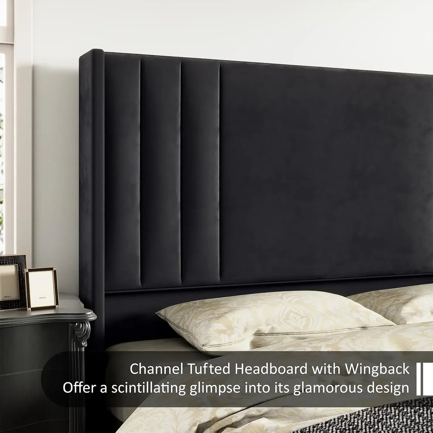 Queen Size Bed Frame, Velvet Upholstered Platform Bed Headboard & Footboard/Wingback, Mattress Foundation with Wood Slats,Black