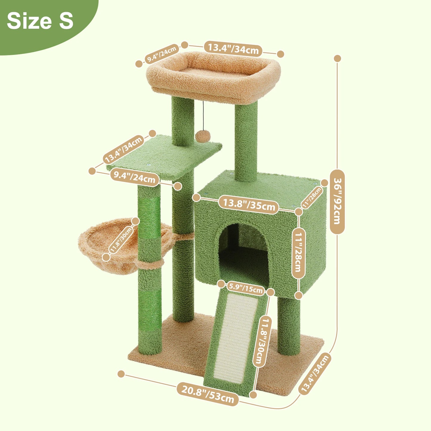 Cactus Cat Tree with Sisal Covered Scratching Post, Cozy Condo, Hammock, Multi-Level Cat Tower for Indoor Cats, Cat House Toys