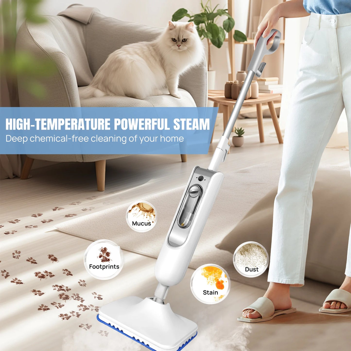 1500W Electrci Steam Cleaner with 400ML Water Tank, 2 Speed Adjusable, 20s Fast Heating Up, 2 Floor Cloth, 4.8m Cable