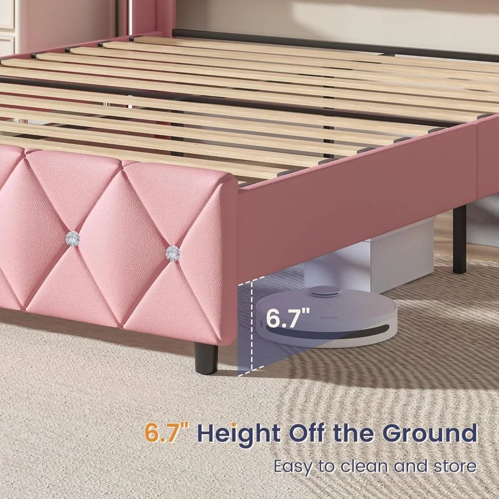 Queen Size Bed Frame with Diamond Headboard, Pink Bed Frame Queen, Upholstered Platform Bed Frame Faux Leather