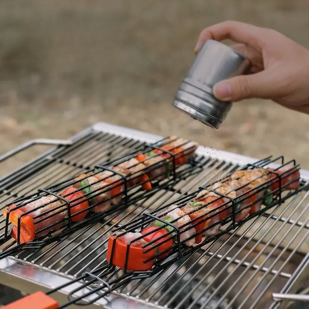 BBQ Grill Basket -Outdoor Camping Stainless Steel Grill Rack for Meat/Veggies, Charcoal Picnic Skewer Tool Party Camping Kitchen