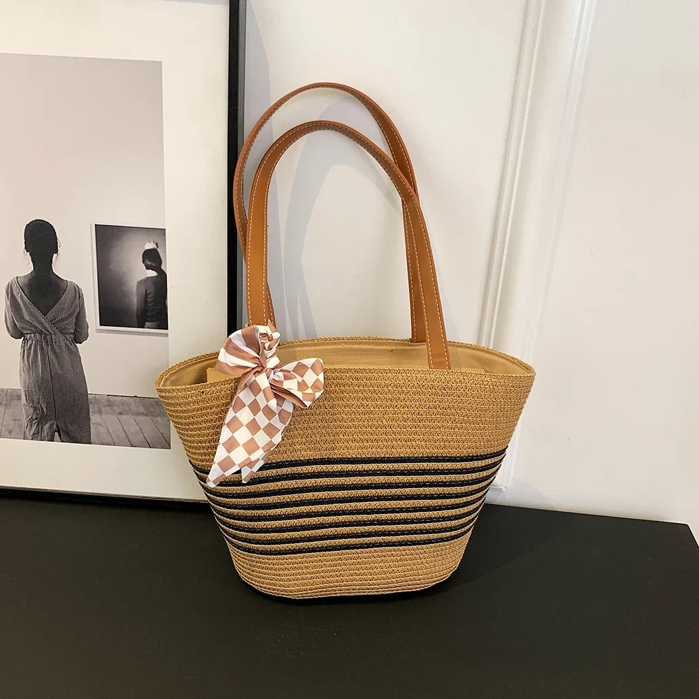 Women Straw Tote Handbag Large Capacity Crochet Beach Handbag Zipper Closure Weaving Striped Handbag Ladies Summer Daily Bag