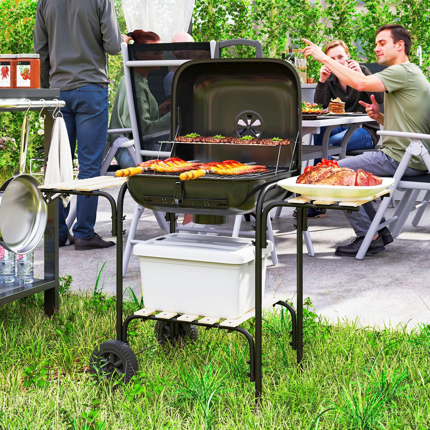 Outsunny Charcoal Barbecue Grill Portable BBQ Grill with 1840 cm² Cooking Area, 3 Shelves, Adjustable Vent, Lockable Lid