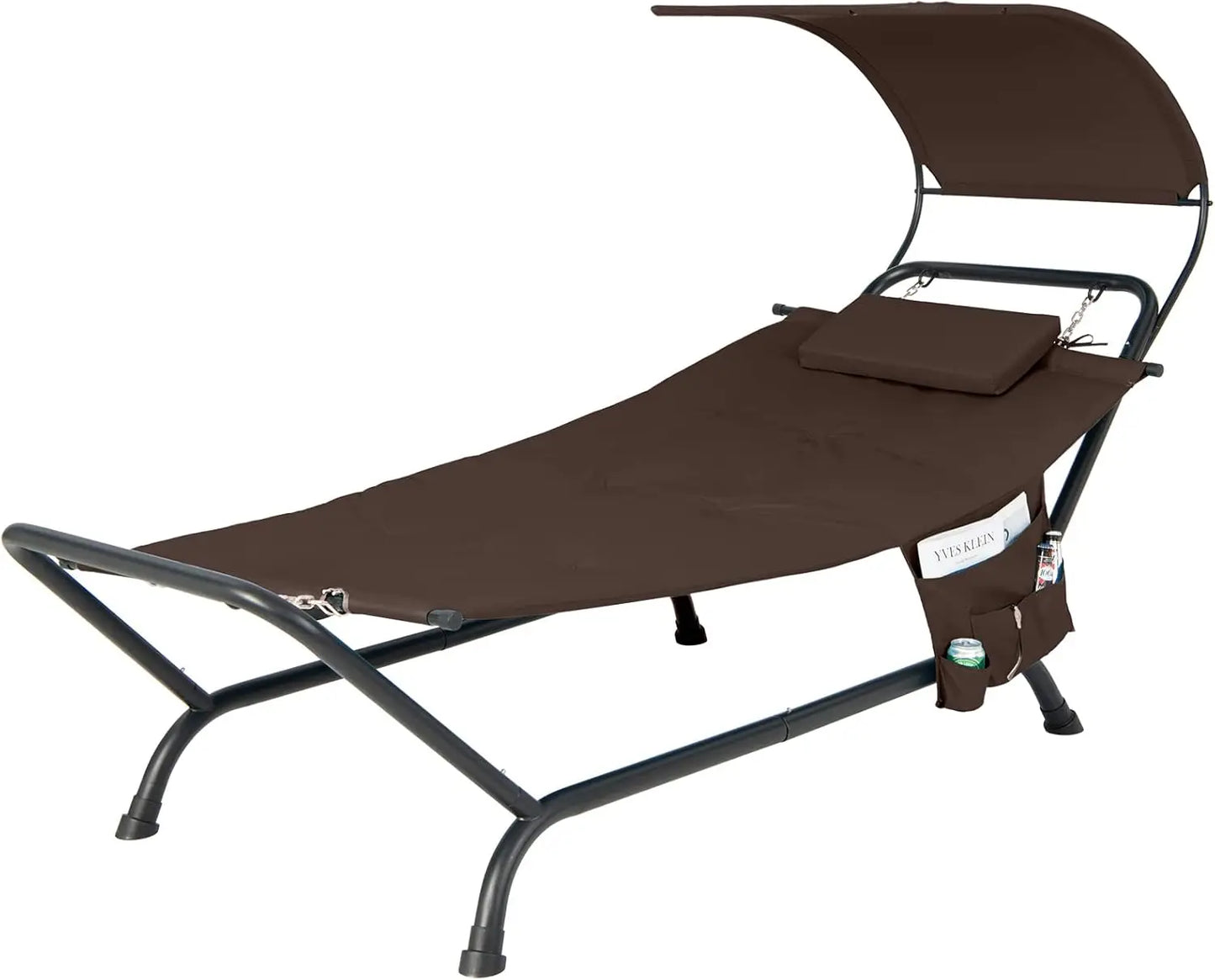 Outdoor Hammock, with Stand and Canopy, Patio Swing Hammock Bed with Cushion, Pillow & Storage Pocket, Hanging Chaise Lounge