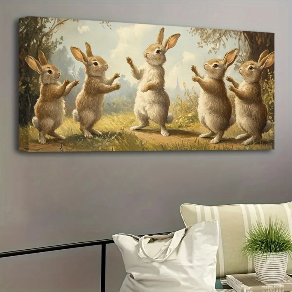Wooden frame rabbit canvas painting wall art printing poster wall decoration home gifts, 1.5 inch thick pine solid wood frame