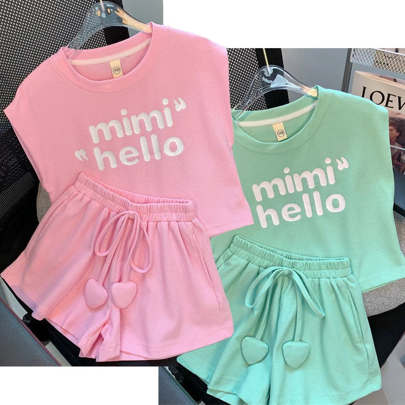New 4 -14 Years Summer Girls Clothing Set Letter Print Sleeveless T-shirt + Heart Shorts Pants 2pcs Suit Kids Leisure Outfit