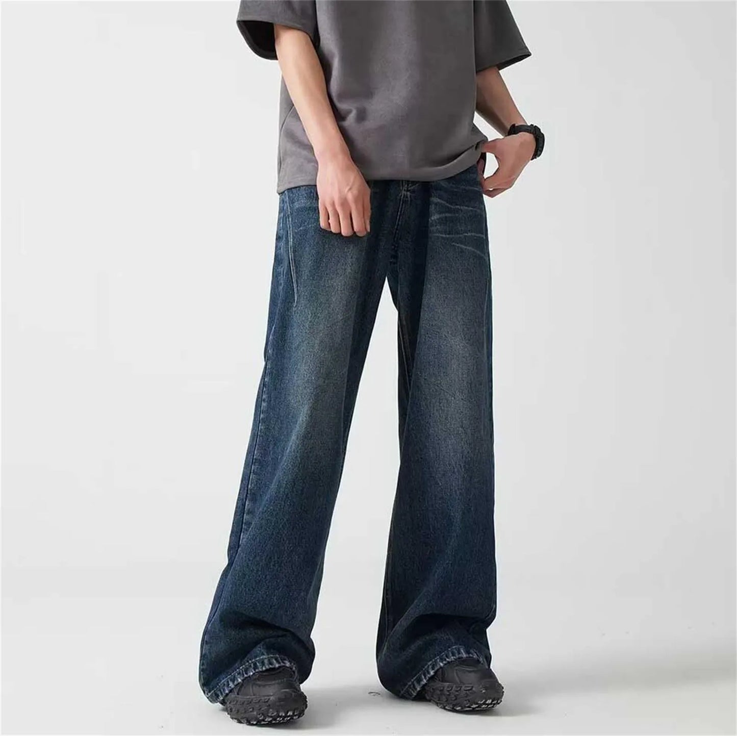Baggy Jeans Men Distressed Denim Wide Leg Pants Pleated Oversize Hip Hop Trousers Male Korean Streetwear Men Clothing