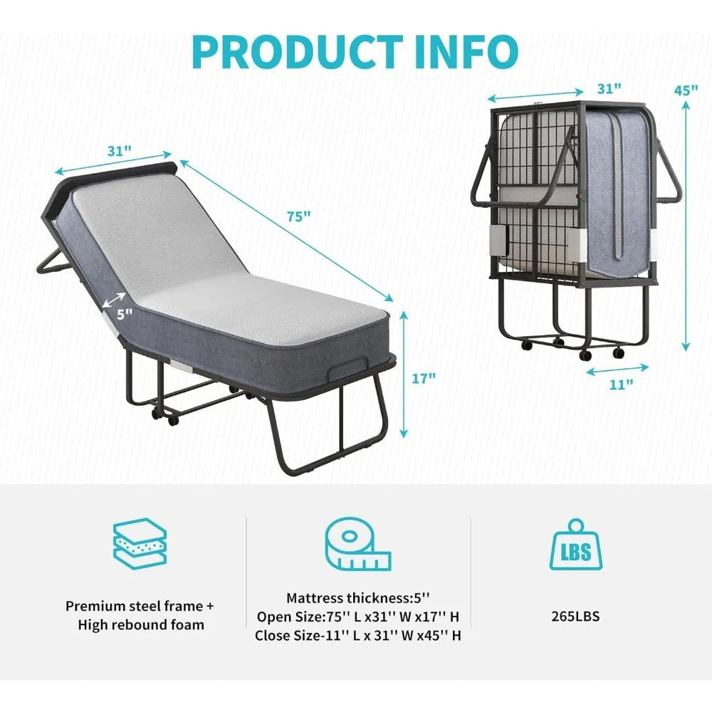 Folding Bed with 5" Foam Mattress, 75" x 31" Rollaway Bed,Cot Size Space-Saving Guest Bed with Headboard,with Sturdy Metal Frame