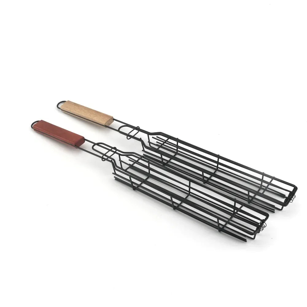 Wooden Handle BBQ Grill Basket - Outdoor Camping Grill Rack for Meat/Veggies, Charcoal Picnic Skewer Tool Party Camping Kitchen
