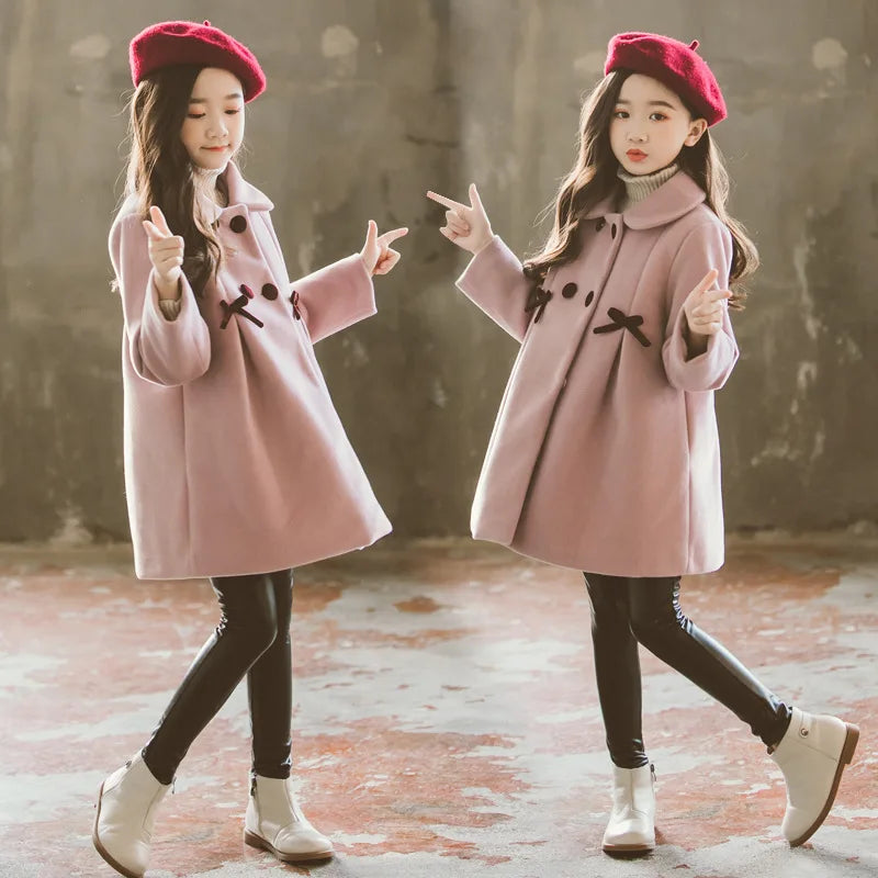 3-12 Years Old Baby Girl Winter Clothes Wool Warm Solid Color Coat New Korean Fashion Long Children's Jacket Girl Coat Clothing