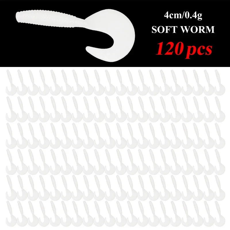 120Pcs New Soft Bait 4cm0.4g Fishing Lures Plastic Silicone Worm Moggot Grub Lure Saltwater Wobblers Carp Swimbait for Pike Tool