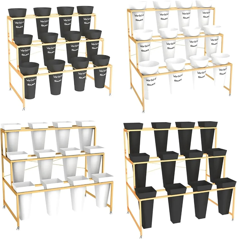Flower Display Stand With 12PCS Buckets, 3 Layers Metal Plant Stand with Wheels, Living Room, Florist (White - Square Bucket)