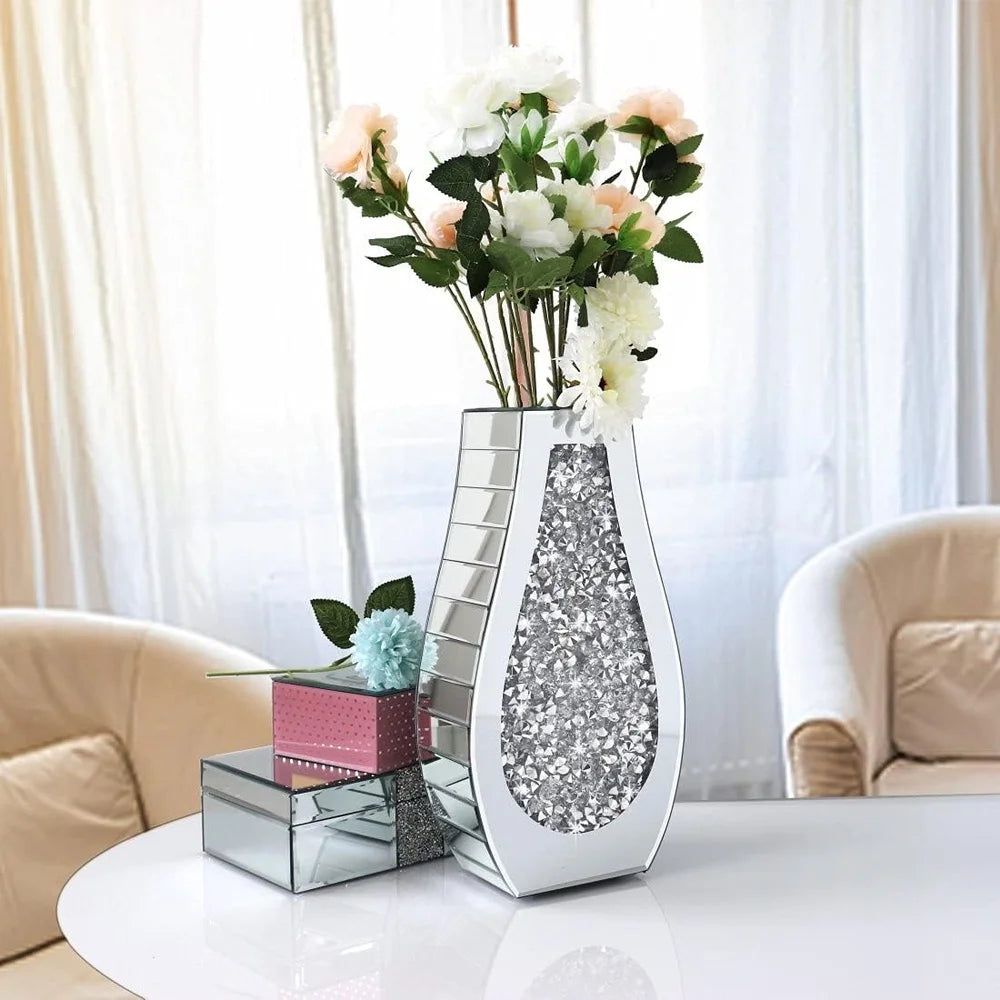 Luxury Crushed Diamond Mirrored Vase Decorative Arc-Shaped Crystal Glass Flower Holder Elegant Home Office Decor Gift