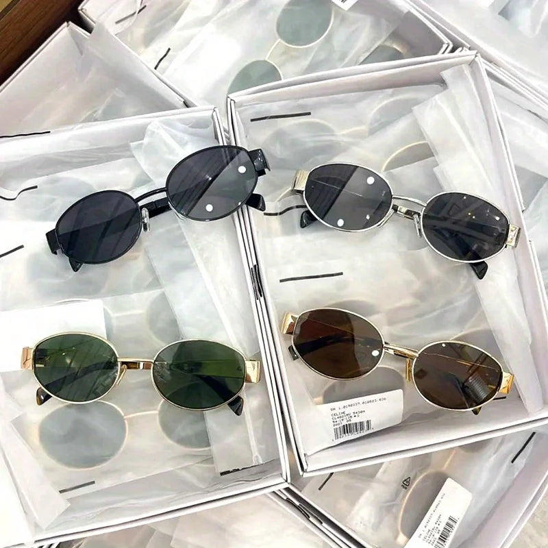 Fashion Sunglasses for Women High Quality Retro Oval Metal Polished Sun Glasses Designer Men Black Lens Classic Shades