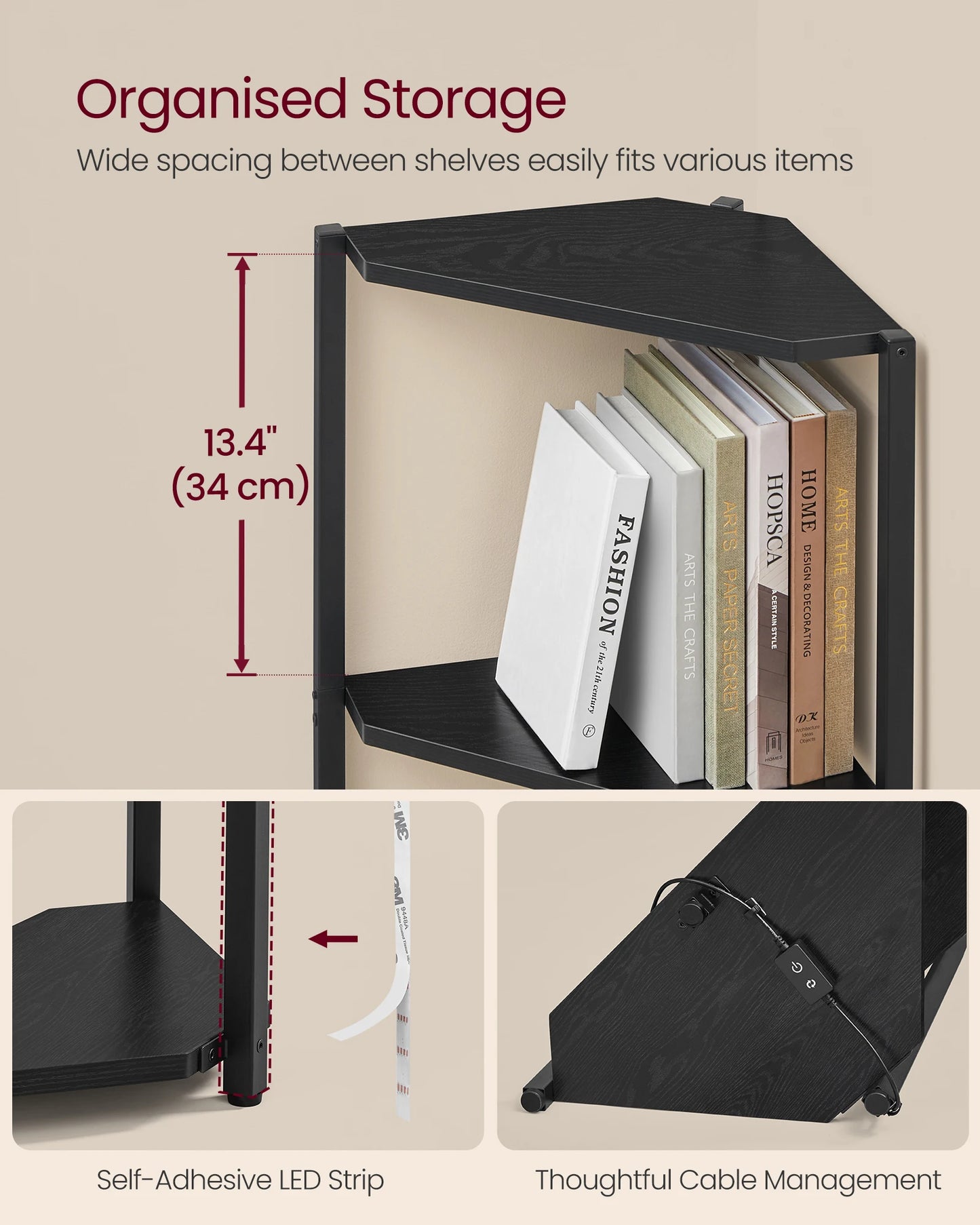 VASAGLE 5-Tier Corner Shelf, Bookcase with Adjustable LED Lights, Storage Shelf with Steel Frame