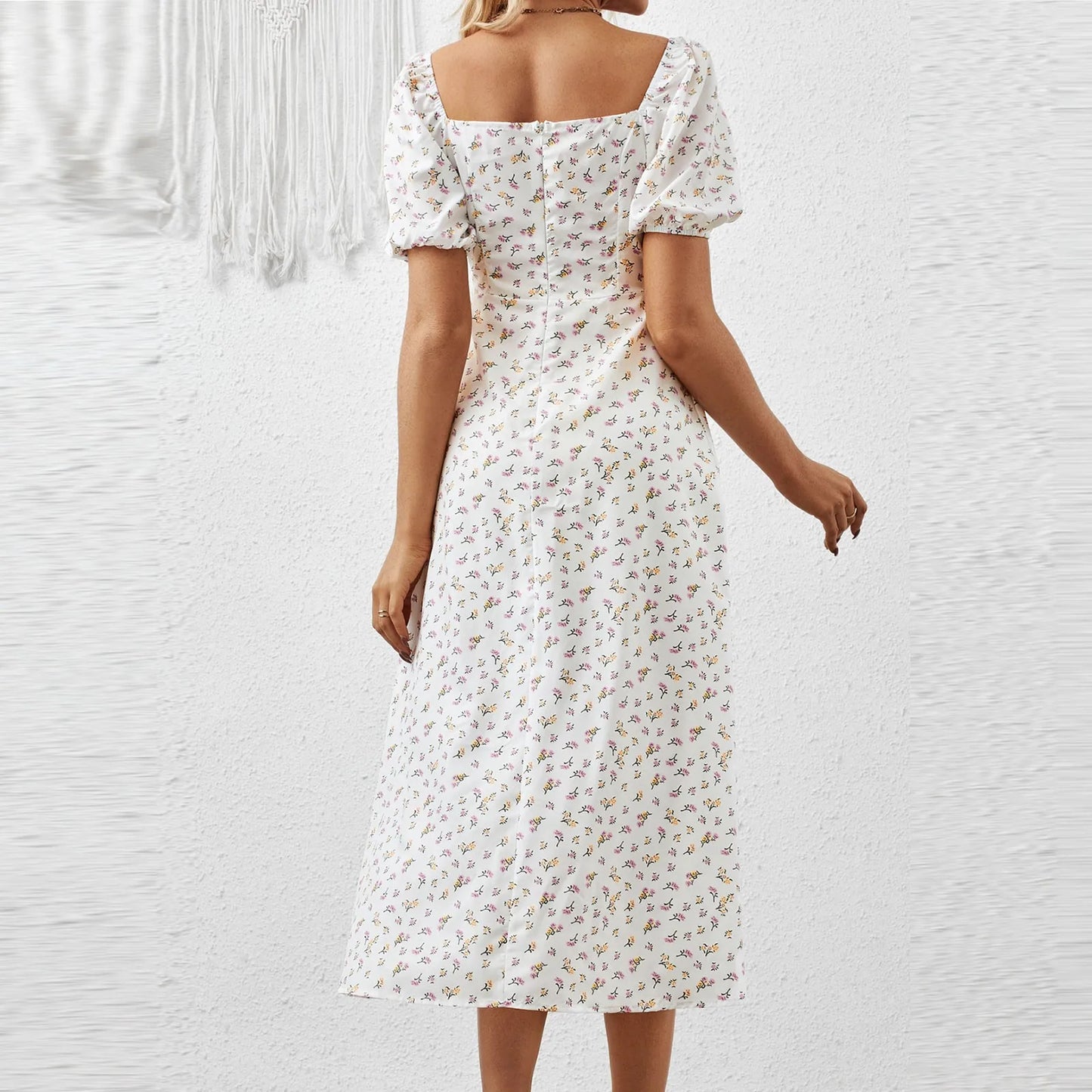 Women'S Summer New Dress Fashionable Solid Color High Waist Dress Floral Printed Short Bubble Sleeve Square Neck Dresses