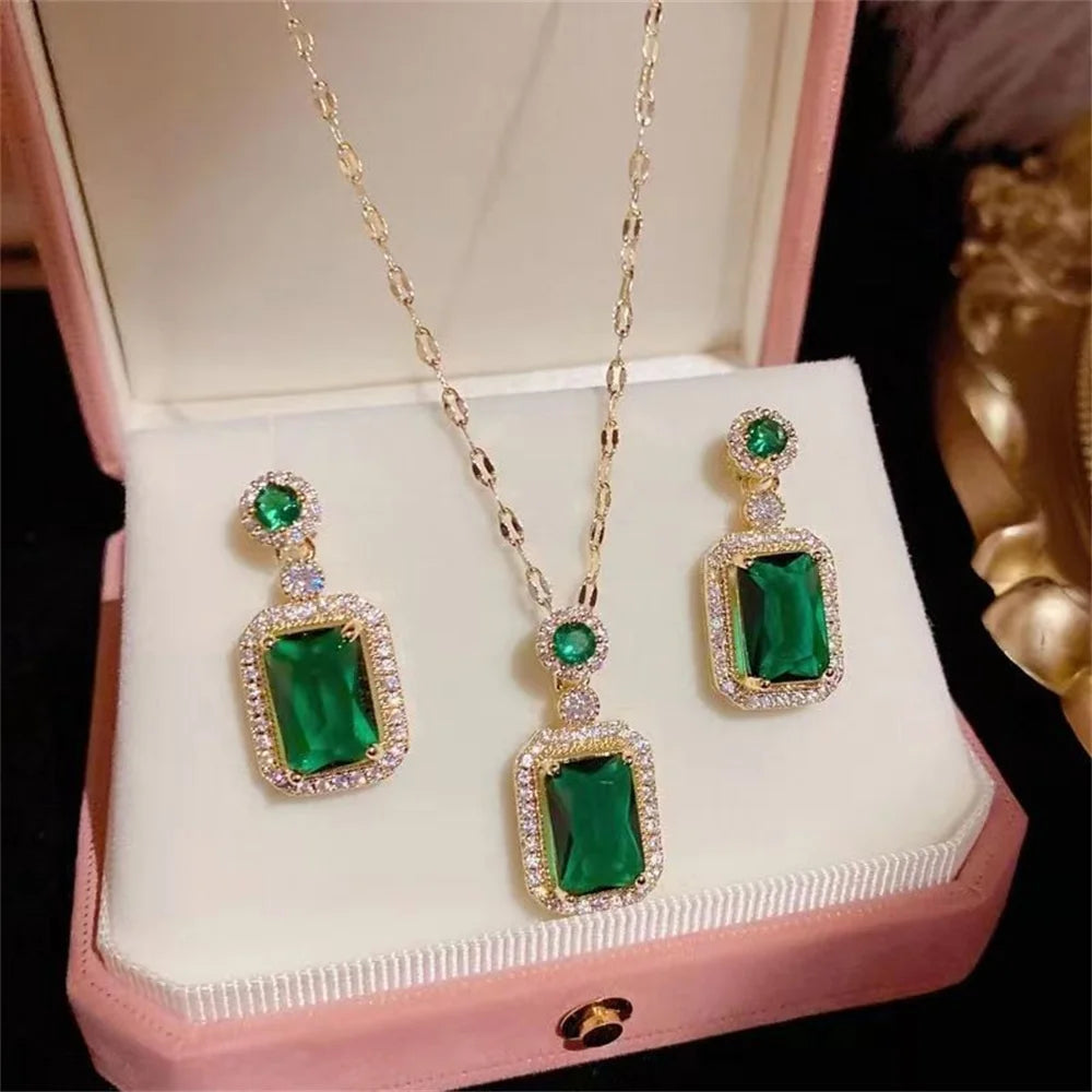 Classic Women's Three-piece Jewelry Set Statement Emerald Ring Fashion Green Zircon Ring Earring Necklace Wedding Jewelry Sets 