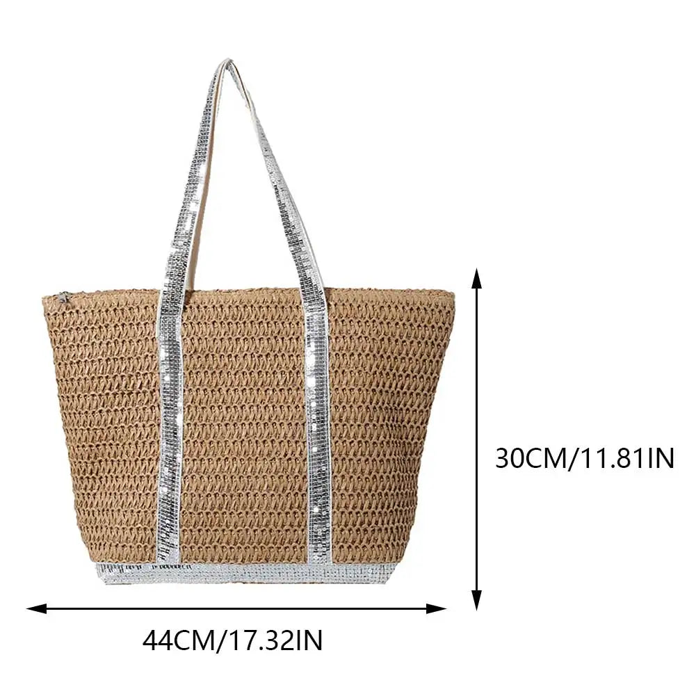 Women Straw Tote Handbag Large Capacity Sequins Simple Shoulder Bag Contrast Color Minimalist Tote Bag Ladies Summer Daily Bag