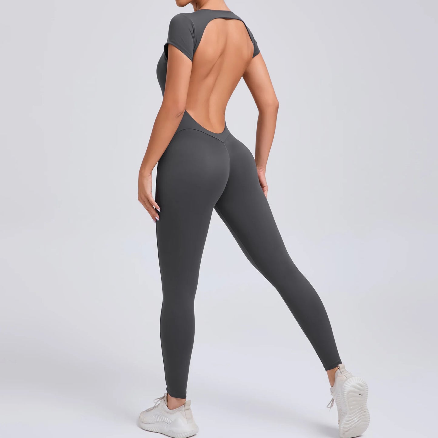Women's One-piece Yoga Jumpsuit Short Sleeve Open Back Slim Fit Sports Outfit Tights Quick-drying Hip Lift Gym Fitness Clothes