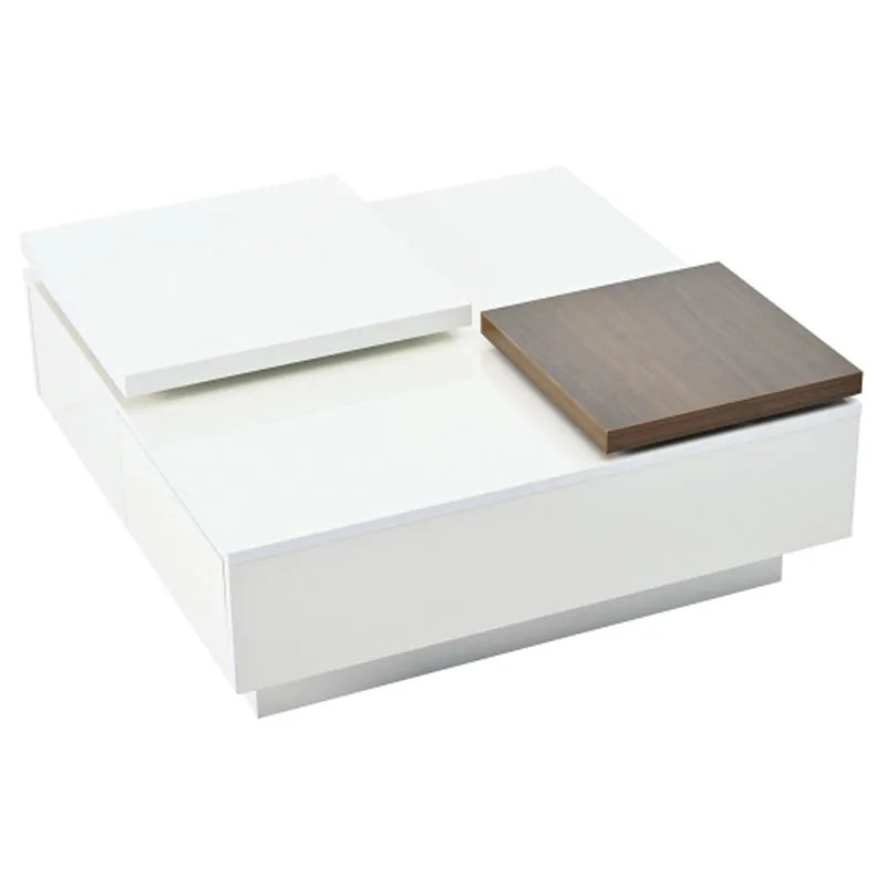 Movable Top Coffee Table, Modern Square Wood Coffee Table with High Gloss finish, 4 Hidden Storage Drawers for Living Room