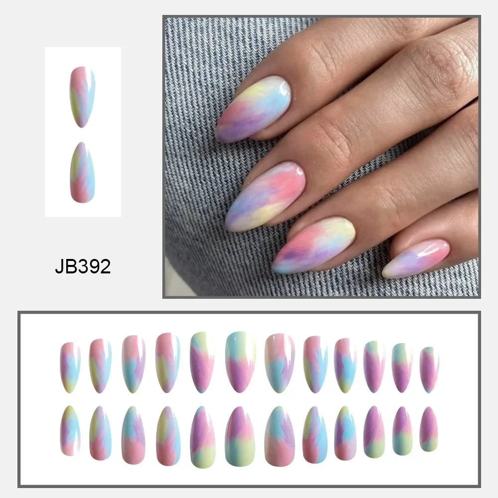 24Pc/set Girl Pink Blue Gradient Long Ballet Fake Nails Acrylic Press on Nail Tips Removable Artificial Wearing False Nails Art