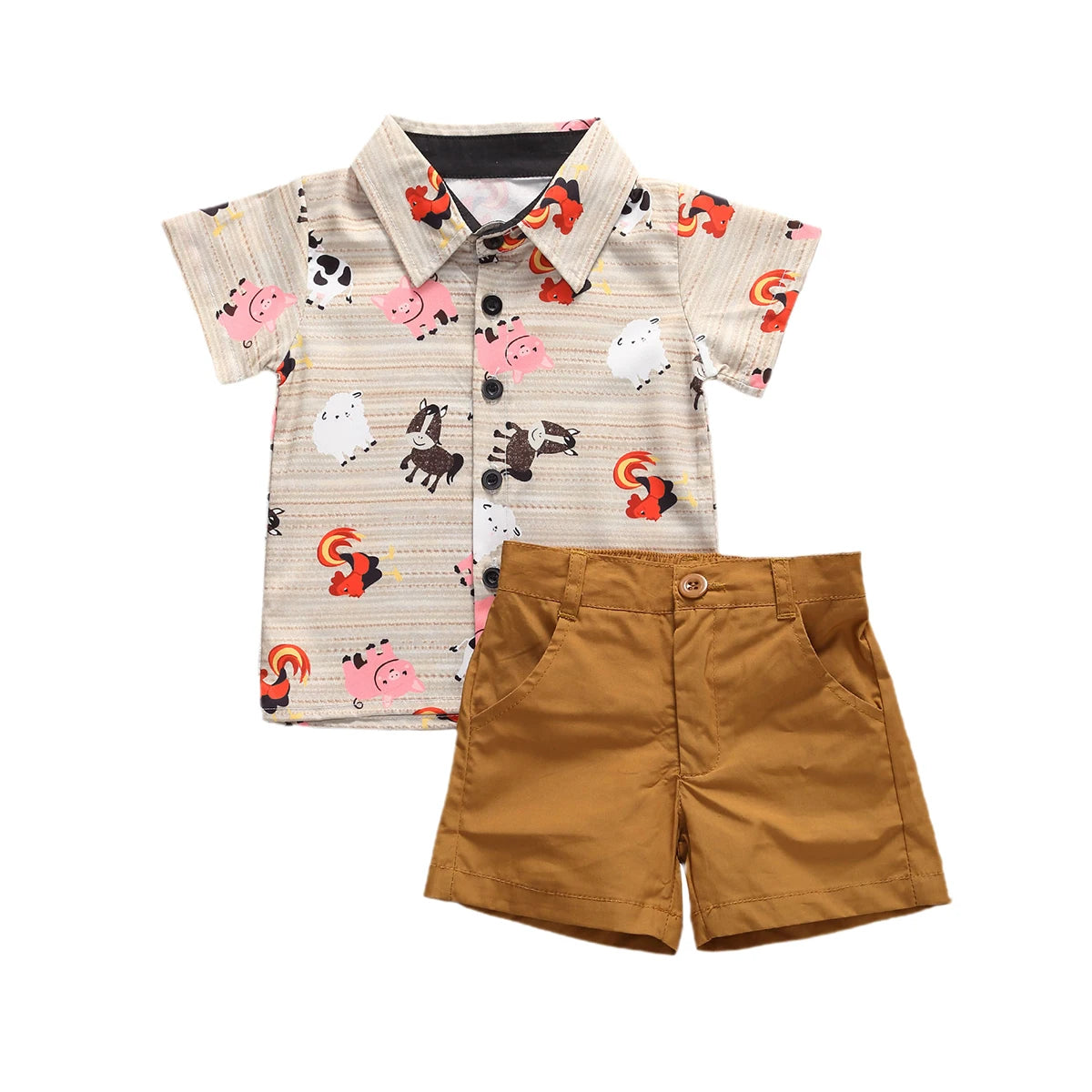 Lioraitiin 0-5years Toddler Boy Summer Clothes Set, Short Sleeve Printed Button Shirt+Solid Color Shorts Outfit