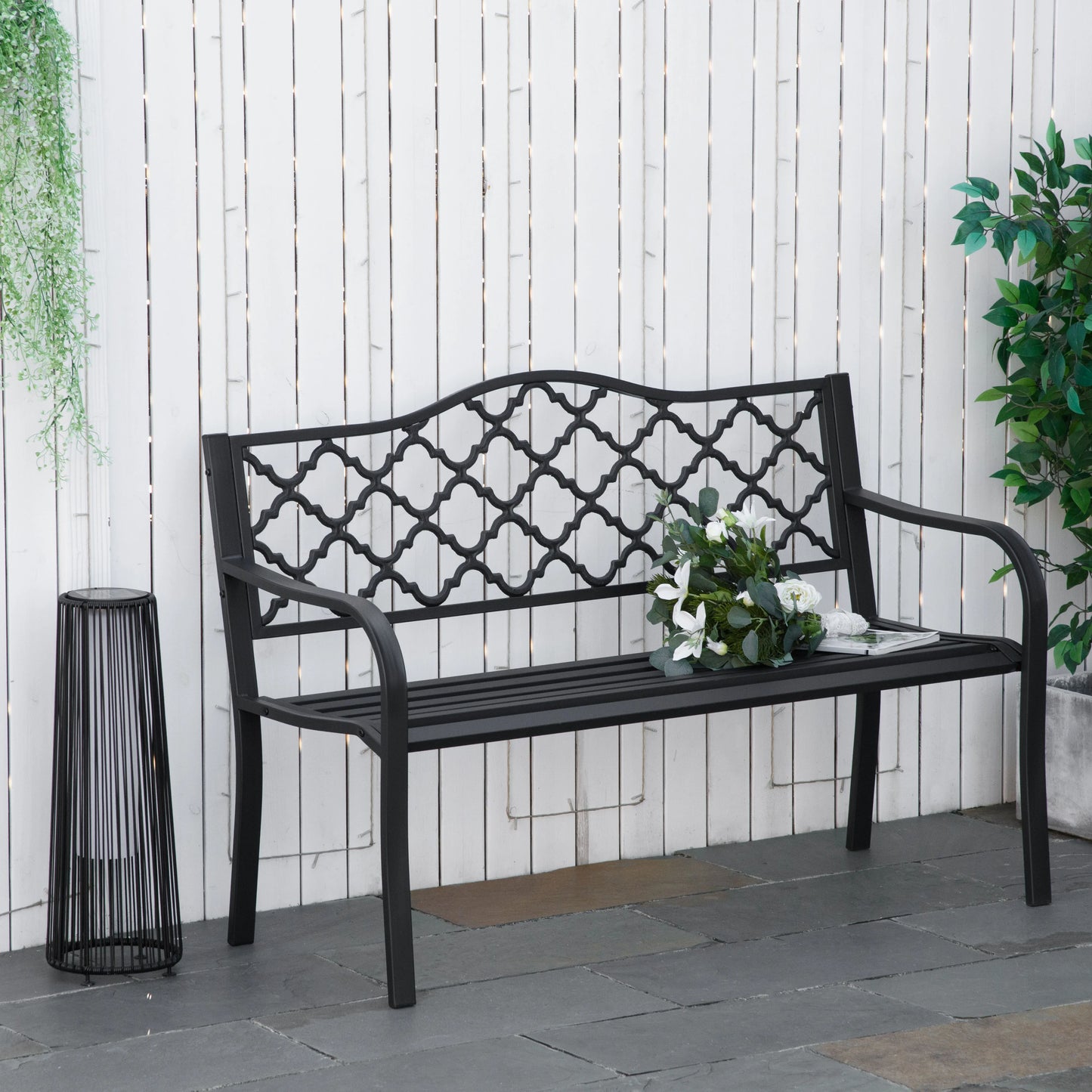 Outsunny 2-Seater Garden Bench Cast Iron Patio Antique Loveseat w/ Armrest