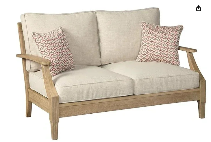 Outdoor Sofa,Clare View Coastal Outdoor Patio Eucalyptus Sofa with Cushions, Beige35"D X 81"W X 37"H,Outdoor Sofa