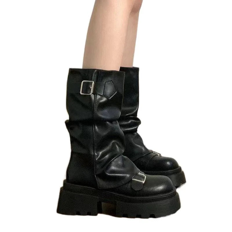 Shoes for Women Mid-Calf Women's Boots Platform Modern Boots Women Belt Buckle Square Toe Side Zip Square Heel Shoes Female